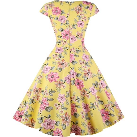 Women Yellow Cap Sleeve 1950s Retro Vintage Cocktail Swing Dresses with Pocket - Picture 2 of 3